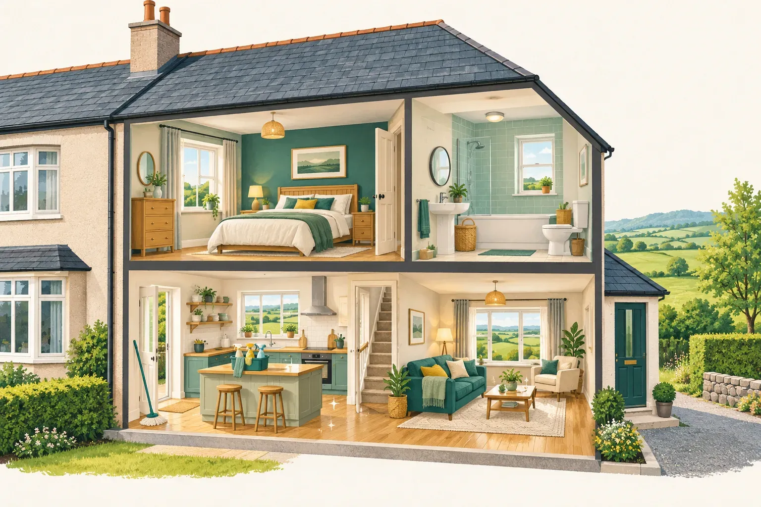 Illustration of a clean Irish semi-detached house cut away to show a tidy kitchen, living room, bedroom and bathroom